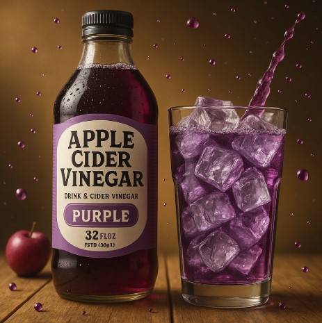 Purple apple cider vinegar with glass of ice